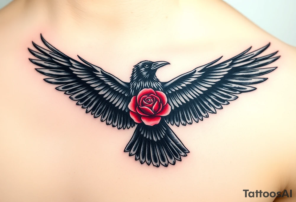 A black crow soaring symmetrically gracefully with its wings fully extended, each feather intricately detailed to capture a sense of movement and depth. In its talons, it gently carries a vibrant red rose, its petals vivid and delicate. The composition blends realism with deep symbolism, representing strength, transformation, and the enduring connection between life, resilience, and the unseen forces that guide and protect. tattoo idea