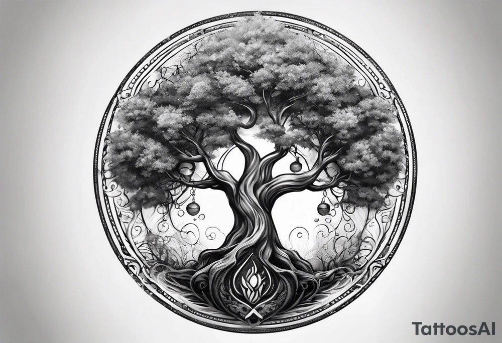 tattoo drawing of a circle of life tree coming out of an hour glass tattoo idea