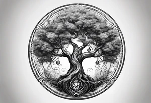 tattoo drawing of a circle of life tree coming out of an hour glass tattoo idea