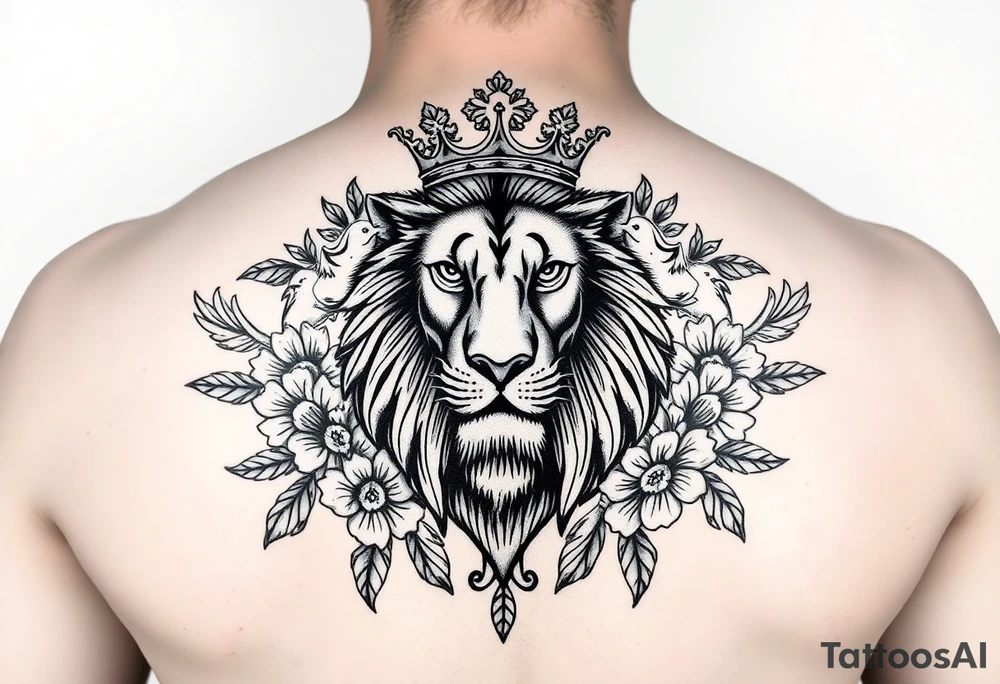 powerful majestic lion with a crown, surrounded by floral ornaments and birds tattoo idea