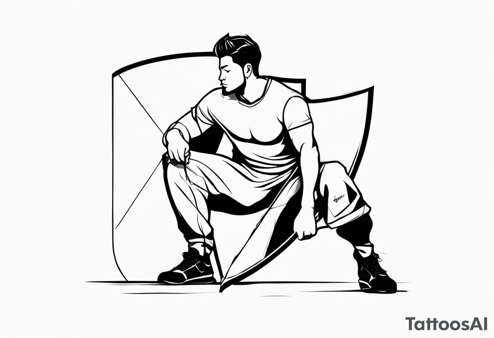 man crouched holding shield side view tattoo idea