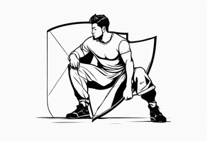 man crouched holding shield side view tattoo idea