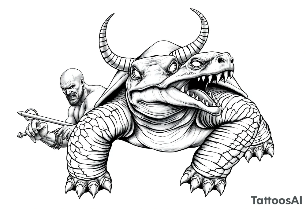 A giant and his 2 slaves powerful and angry turtle with goat horns and huge teeth tattoo idea