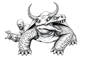 A giant and his 2 slaves powerful and angry turtle with goat horns and huge teeth tattoo idea