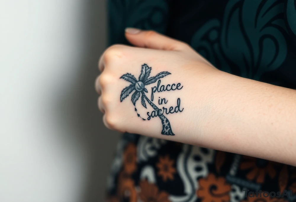 Hand written writing that says this place is sacred on the trunk of a small breadfruit tree tattoo idea