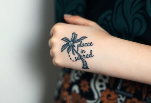 Hand written writing that says this place is sacred on the trunk of a small breadfruit tree tattoo idea