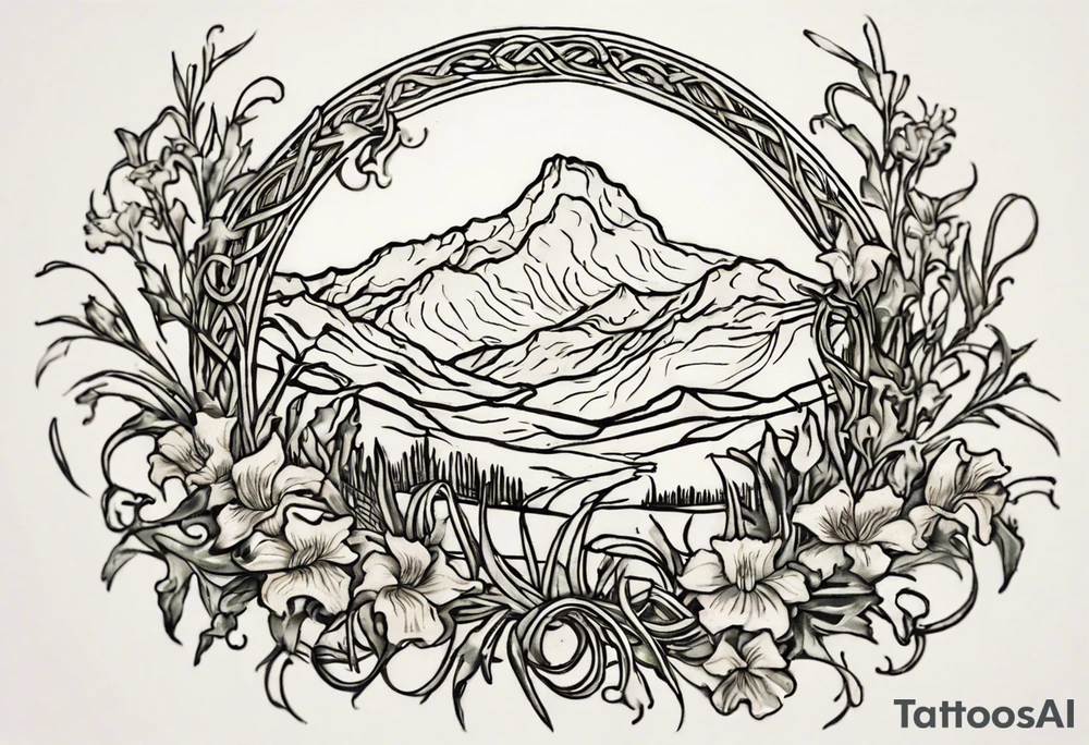 Create a small Vincent van Gogh Irises tattoo in the form of a crescent, with vines or Celtic knots gracefully intertwining at a central point in the middle of the wreath.  In the middle of the wreath are mountains and other items found in New Mexico. Ensure that the design avoids the appearance of a bush and maintains a more structured and deliberate arrangement. The intended placement is on the upper chest. The overall design should be small in size while maintaining a delicate and artistic aesthetic. Pay attention to the graceful flow of the vines and the placement of the irises to achieve a refined and elegant look. tattoo idea