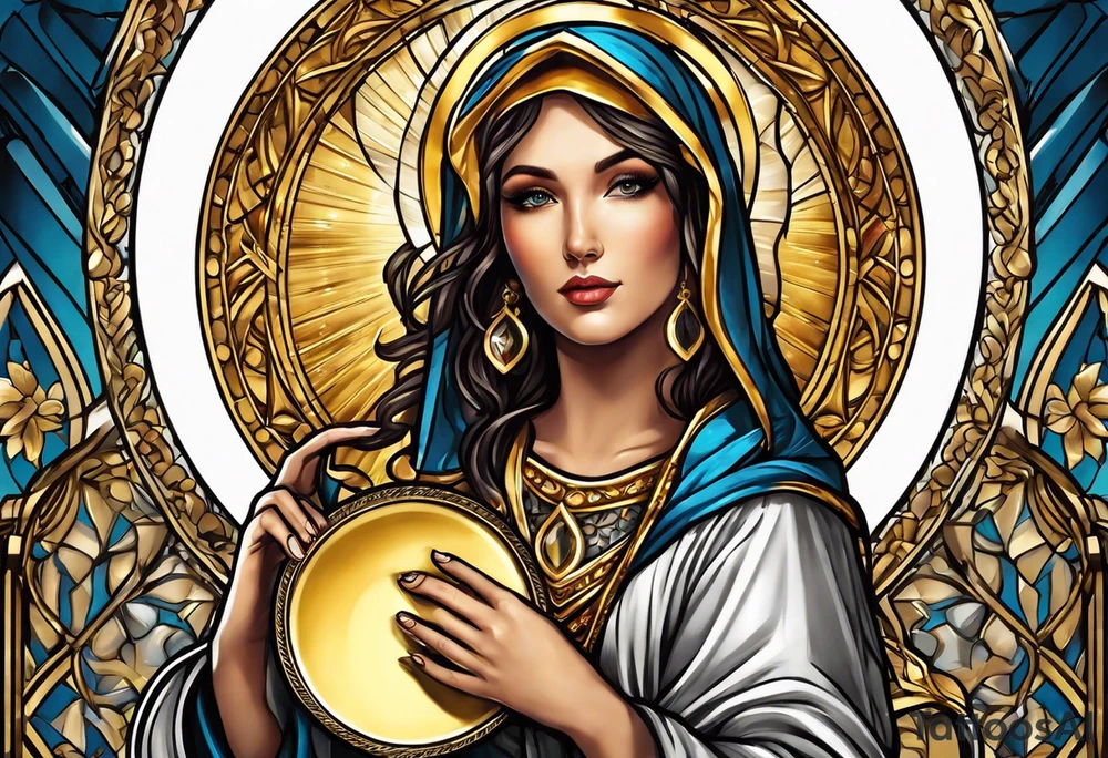 woman saint holding chalice surrounded by golden halo portrait tattoo idea