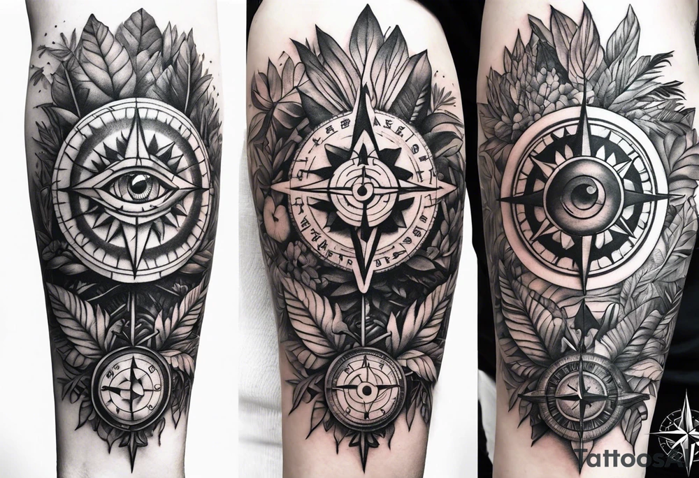 sleeve tattoo with jungle plants, compass, all-seeing eye tattoo idea
