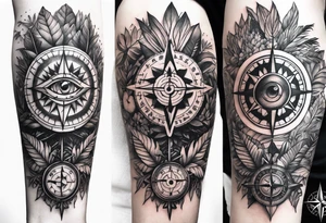 sleeve tattoo with jungle plants, compass, all-seeing eye tattoo idea