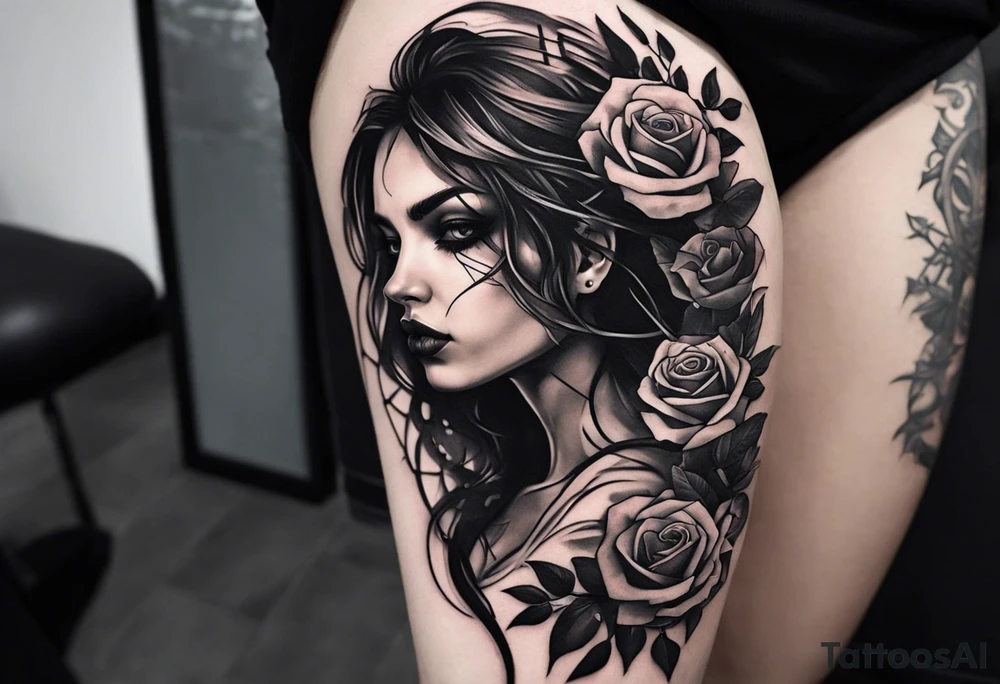 A sleeve tattoo whose elements seem to be connected into one story. Elements on the tattoo: a skull with a rose sticking out of the eye, plants, a girl’s face turning into roots, a destroyed old chain, a broken sword, a butterfly and you can add some connecting elements tattoo idea