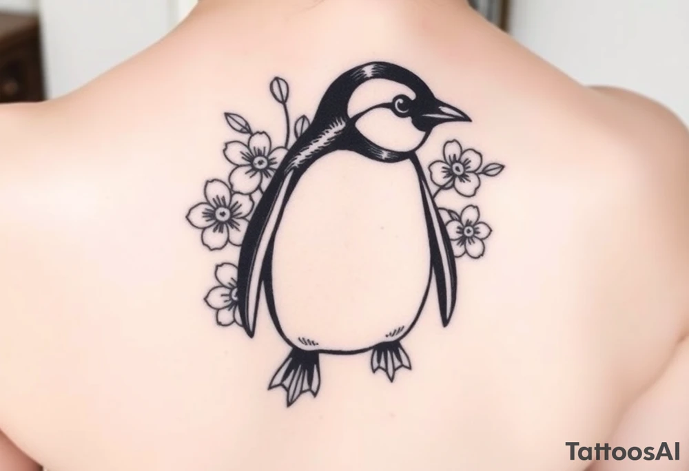 Cute penguin with flowers in the background tattoo idea