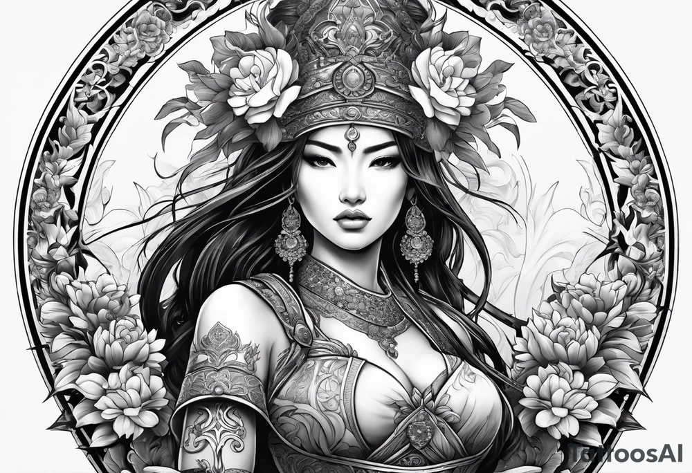 ornate beautiful woman warrior with weapon & floral arch background tattoo from head to torso tattoo idea