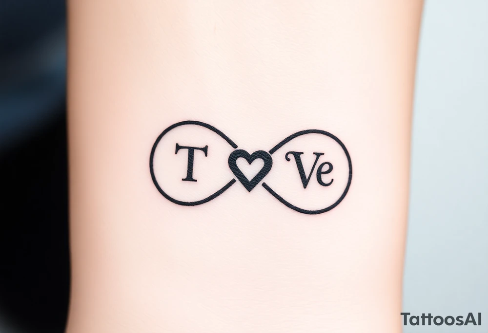 An infinity symbol with two initials T and V on each loop and a tiny heart in the center in black ink tattoo idea