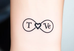 An infinity symbol with two initials T and V on each loop and a tiny heart in the center in black ink tattoo idea