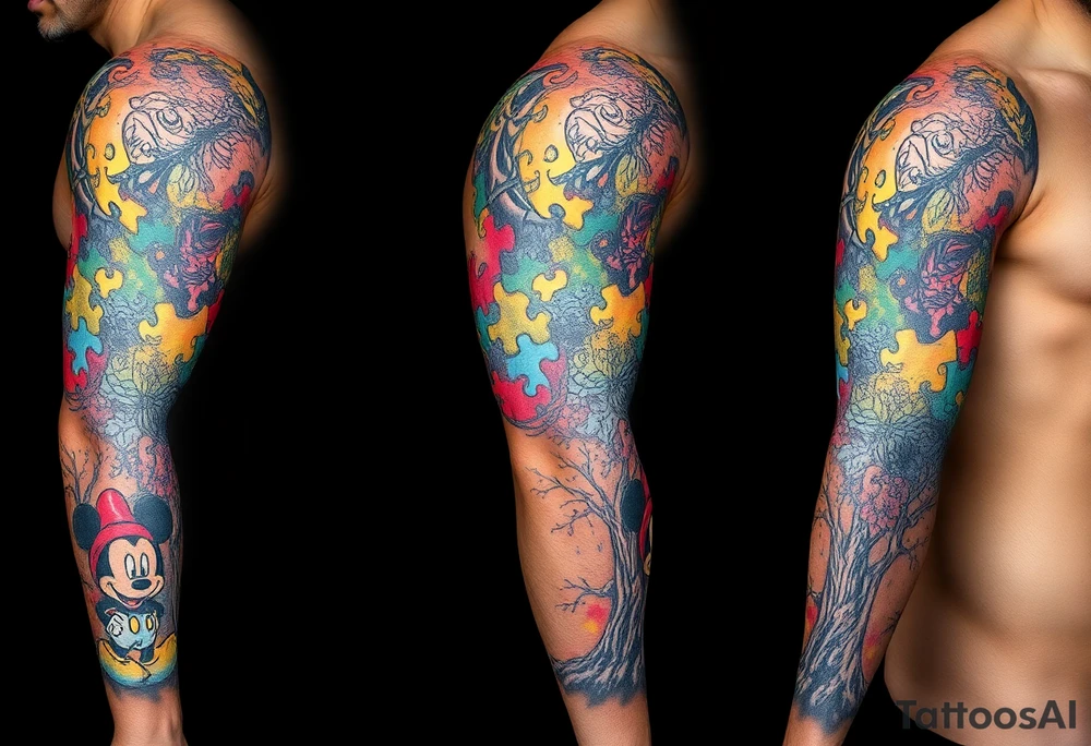 autism puzzle full color left arm sleeve completely covering full arm including Mickey Mouse and tree to start the bottom of the sleeve tattoo idea