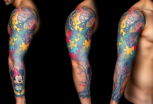 autism puzzle full color left arm sleeve completely covering full arm including Mickey Mouse and tree to start the bottom of the sleeve tattoo idea