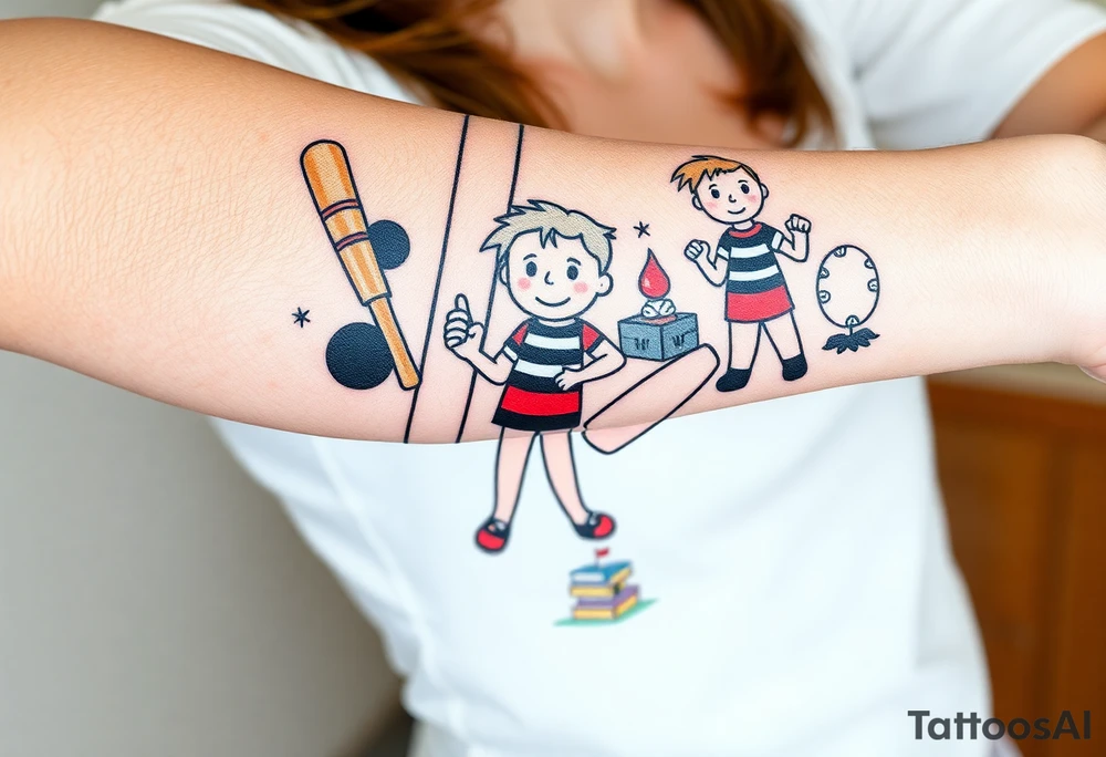 Collage of childhood memories including a football, a cricket bat, the comic character Dennis the Menace, a sandcastle and a small pile of books. tattoo idea