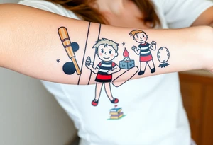 Collage of childhood memories including a football, a cricket bat, the comic character Dennis the Menace, a sandcastle and a small pile of books. tattoo idea