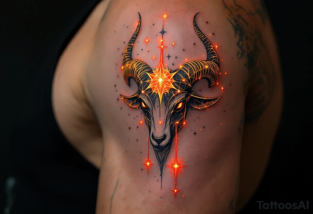 This celestial Aries design connects gold stars constellation with glowing red lines to emphasize the zodiac’s fiery essence. tattoo idea