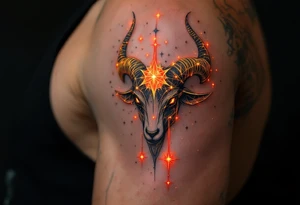 This celestial Aries design connects gold stars constellation with glowing red lines to emphasize the zodiac’s fiery essence. tattoo idea