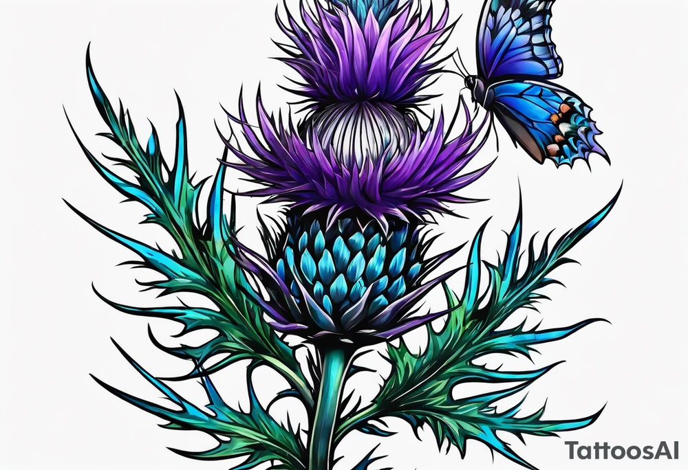 Thin vertical Purple thistle and blue thistle tattoo idea