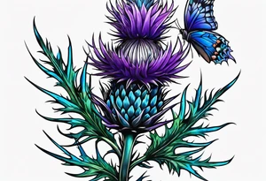 Thin vertical Purple thistle and blue thistle tattoo idea