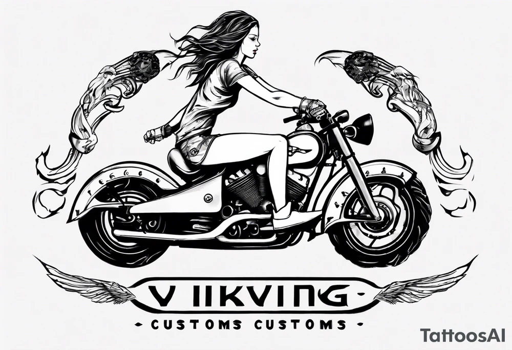 i want a tattoo of a girl riding a motorcycle with the words “Viking Customs” tattoo idea