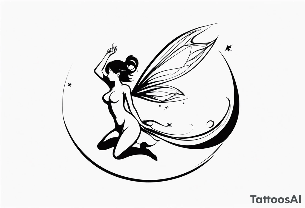 Minimalistic, monochromatic fairy with a tail flying to the left in a fetal position, leaning and looking in the same direction, with visible hands, embodying the 'Fairy Tail' logo aesthetic. tattoo idea