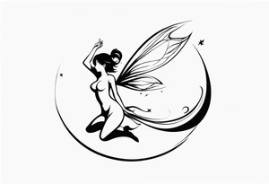 Minimalistic, monochromatic fairy with a tail flying to the left in a fetal position, leaning and looking in the same direction, with visible hands, embodying the 'Fairy Tail' logo aesthetic. tattoo idea