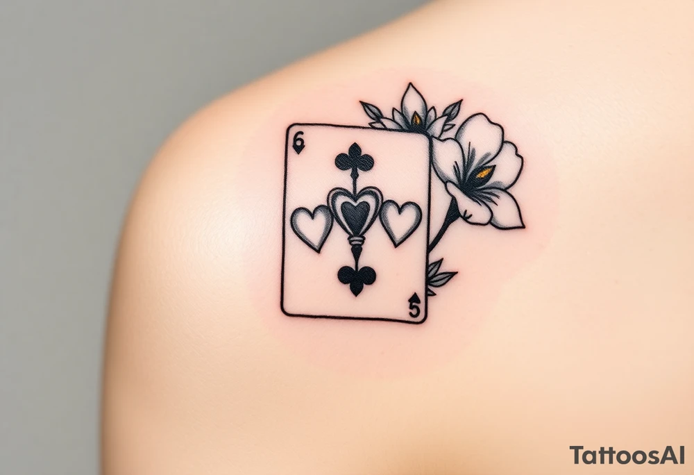 6 of hearts card with fleur de lis as the hearts and magnolias in the background tattoo idea