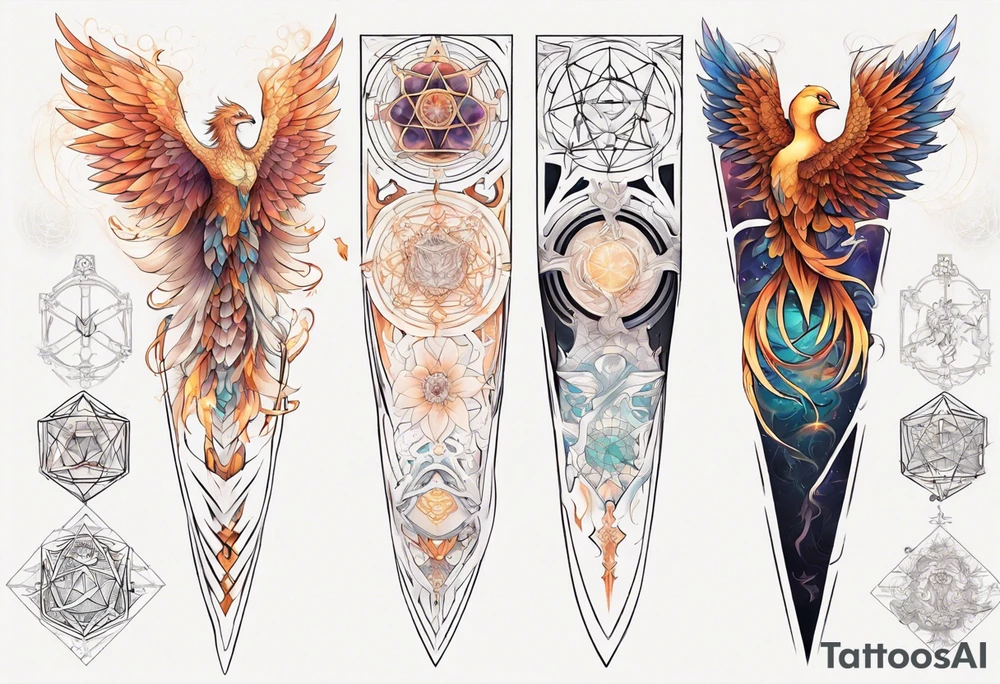 Sleeve for woman's arm sacred geometry Metatron's cube with phoenix tattoo idea