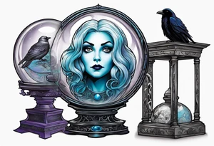 Madame leota from disney haunted mansion in crystal ball on gothic stand with raven at side tattoo idea