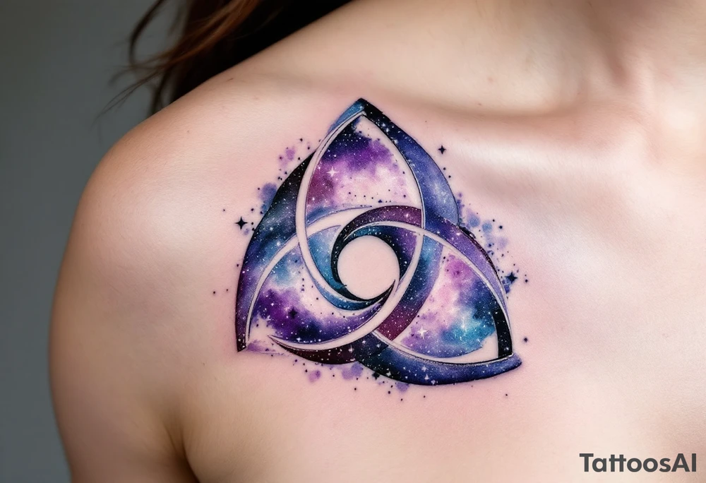 A cosmic-themed triskelion with a starry nebula effect, blending purples, blues, and blacks with scattered white stars. The spirals can mimic the shape of galaxies, embodying the vastness of the universe and infinite possibilities. tattoo idea