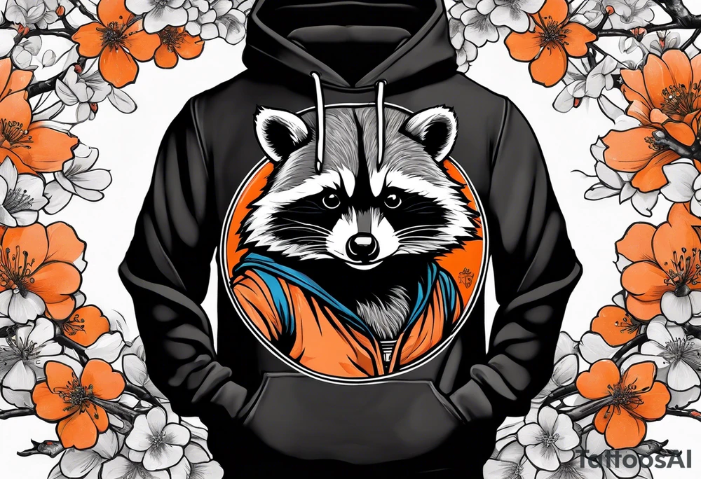 Raccoon wearing a white Superman logo on a black hoodie and orange Japanese cherry blossoms beside tattoo idea