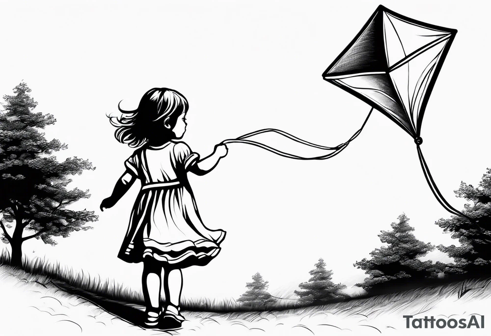 the back of a little girl in a dress, flying a kite tattoo idea