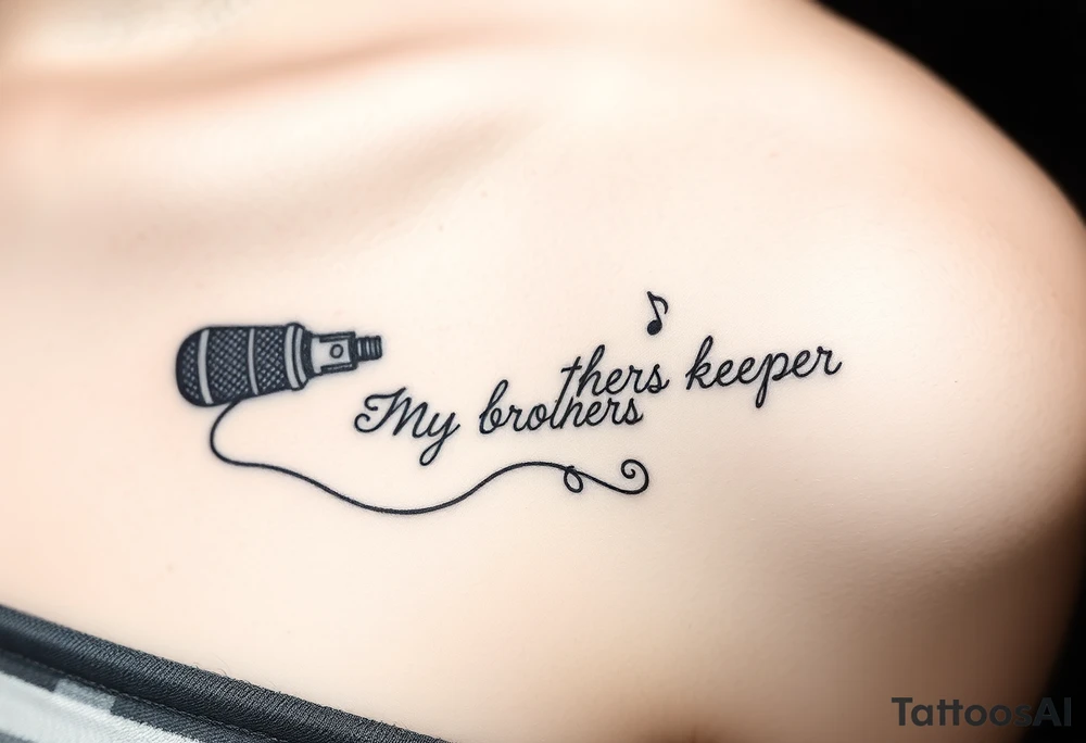 A microphone end of cord drawing the words “My brothers keeper” and music notes tattoo idea