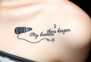 A microphone end of cord drawing the words “My brothers keeper” and music notes tattoo idea