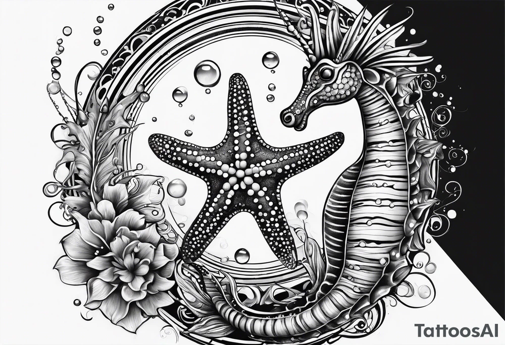 Small Starfish, Seahorse in a vertical line with bubbles tattoo idea