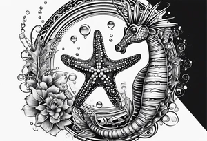 Small Starfish, Seahorse in a vertical line with bubbles tattoo idea