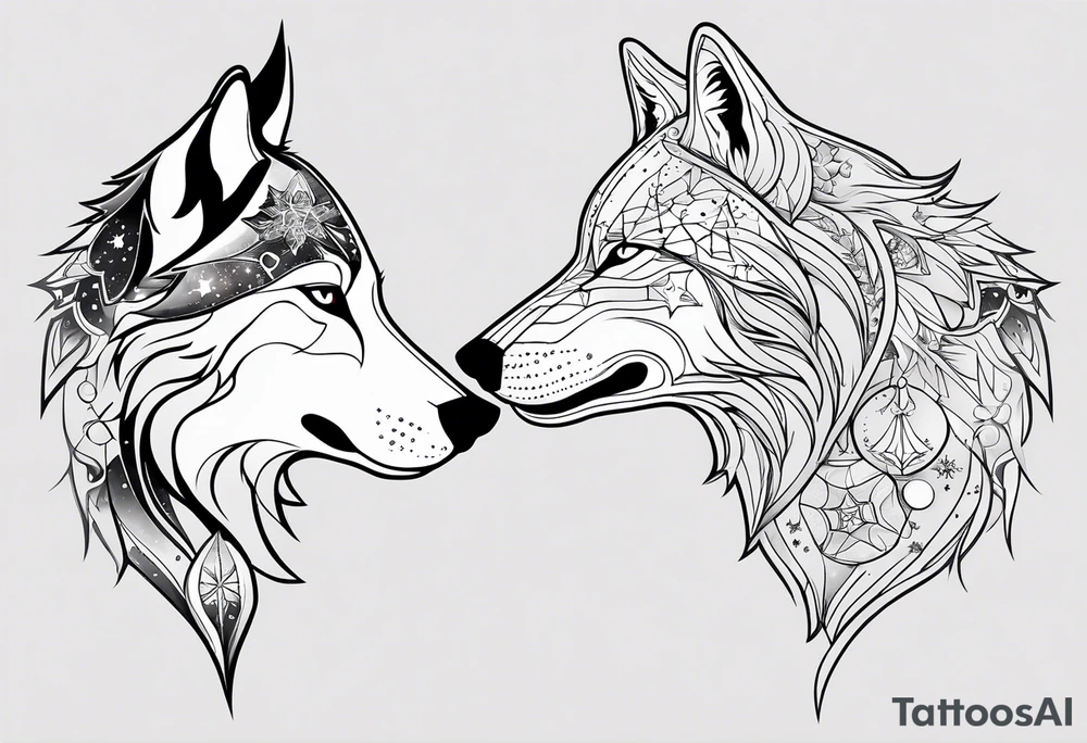Constellation, two animal wolf, snowflake tattoo idea