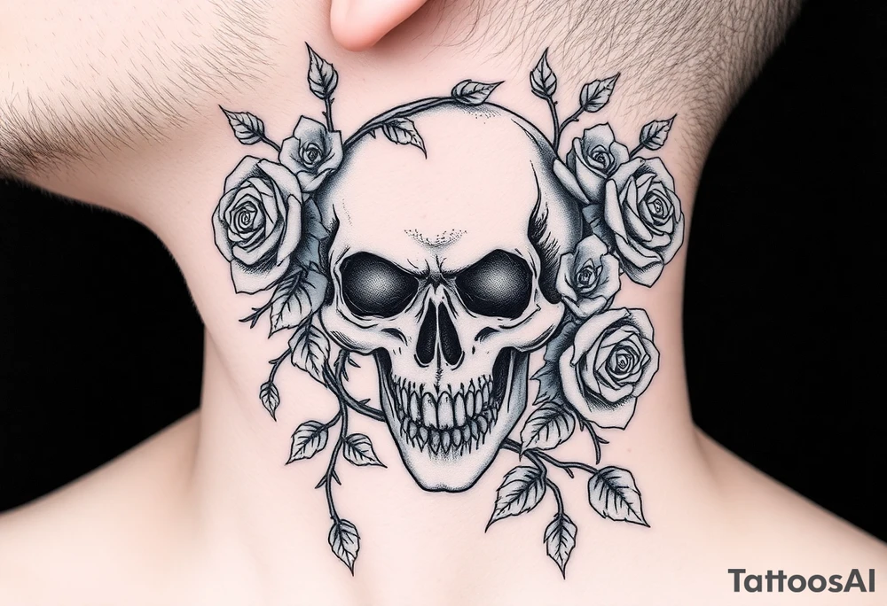 gothic skull intertwined with climbing roses and thorny vines tattoo idea
