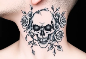 gothic skull intertwined with climbing roses and thorny vines tattoo idea
