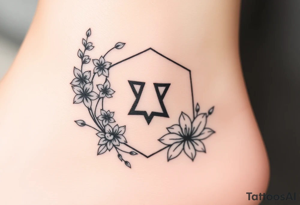 Hexagon Leo symbol larkspurs and water lilies tattoo idea