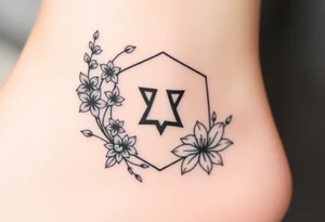 Hexagon Leo symbol larkspurs and water lilies tattoo idea