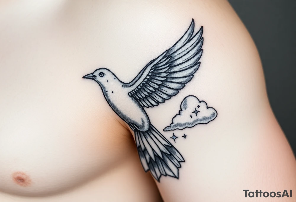 Dove and a blue jay, clouds, shining light to or from heaven tattoo idea