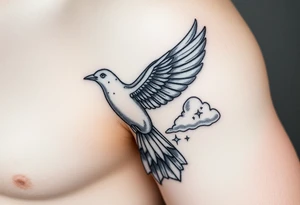 Dove and a blue jay, clouds, shining light to or from heaven tattoo idea
