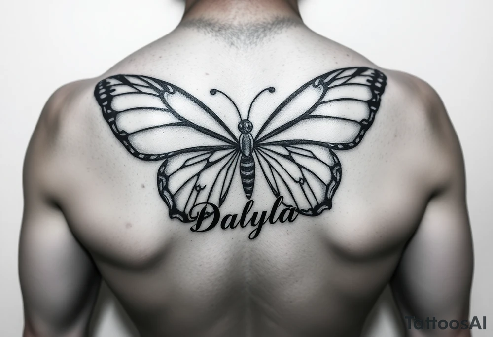 Butterfly wings shaped into the names Damani and Donovan and the body of the Butterfly shaped into the name Dalyla tattoo idea