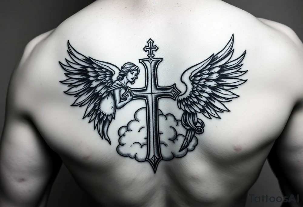 add cross neklace with one angel and some details cloud tattoo idea