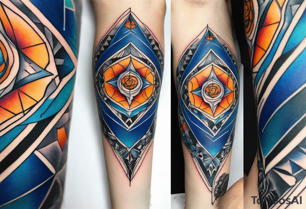 semi Detailed neo traditional knee tattoo flat on paper. The tattoo features geometric patterns and bold lines, creating a visually striking design with slight tints of deep fall colors. The background 
outside the tattoo features deep blues washes and water swirls tattoo idea
